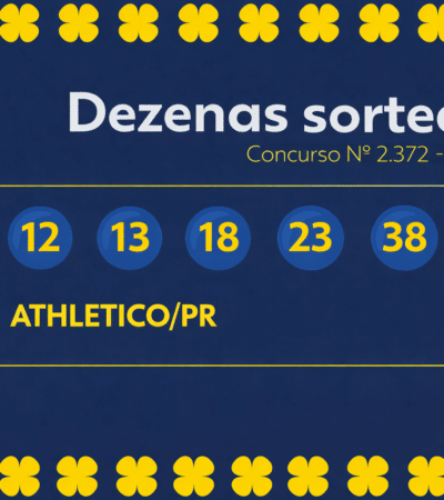 dezenas sorteadas da Timemania 2372 em gráfico azul e amarelo com time do coração Athletico PR**