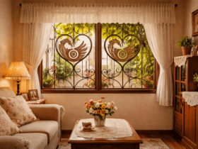 janela de sala simples brasileira com cortina renda e grade de ferro com símbolo Adinkra estilo casa de vó