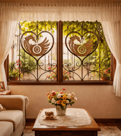 janela de sala simples brasileira com cortina renda e grade de ferro com símbolo Adinkra estilo casa de vó