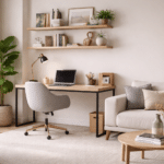 espaço de home office integrado à sala com mesa, cadeira e decoração moderna organizada