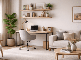 espaço de home office integrado à sala com mesa, cadeira e decoração moderna organizada