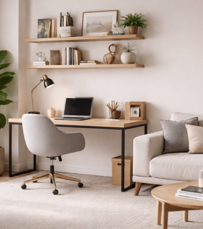 espaço de home office integrado à sala com mesa, cadeira e decoração moderna organizada