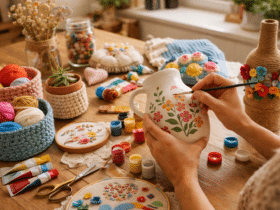 pessoa criando objetos decorativos com materiais de artesanato em casa