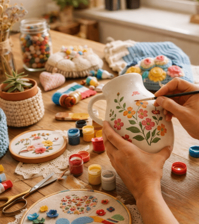 pessoa criando objetos decorativos com materiais de artesanato em casa