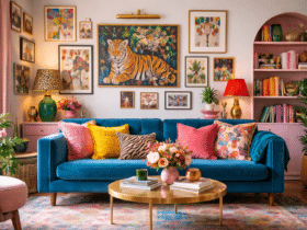 sala com decoração maximalista com cores vibrantes, quadros, estampas e objetos decorativos variados