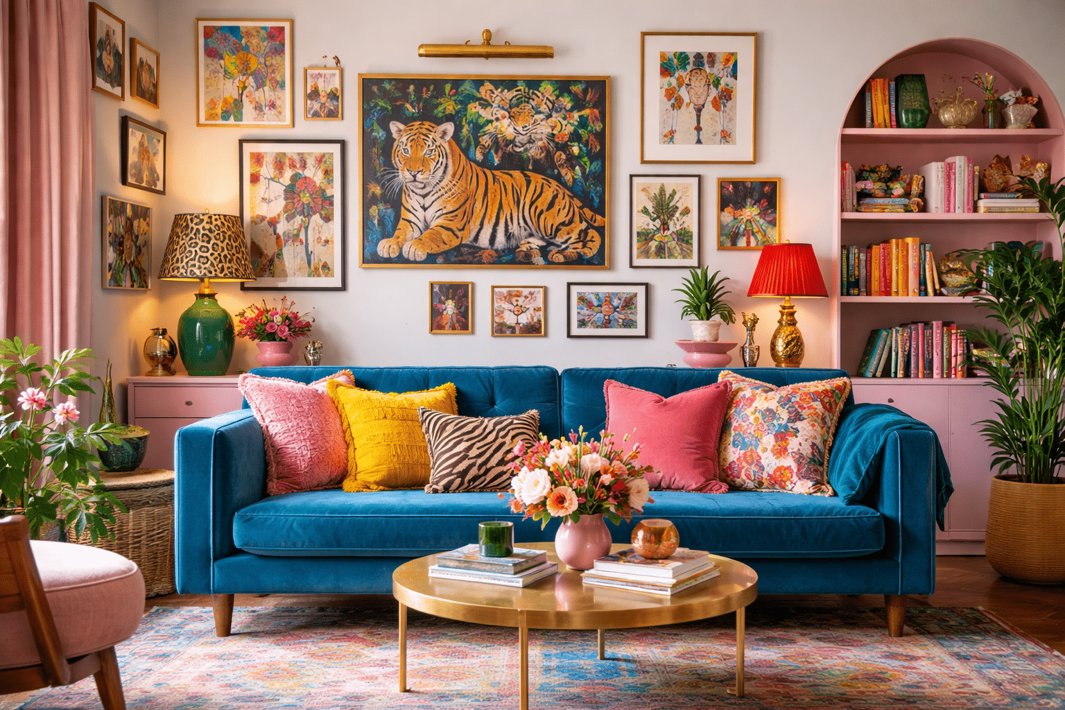 sala com decoração maximalista com cores vibrantes, quadros, estampas e objetos decorativos variados