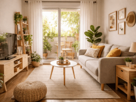 sala de primeiro apartamento com móveis básicos e decoração simples e aconchegante
