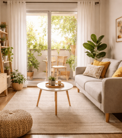 sala de primeiro apartamento com móveis básicos e decoração simples e aconchegante